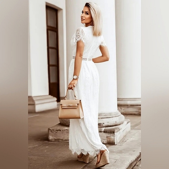 LAST ONE! White Lace Boho V Neck Maxi Dress - Picture 2 of 7